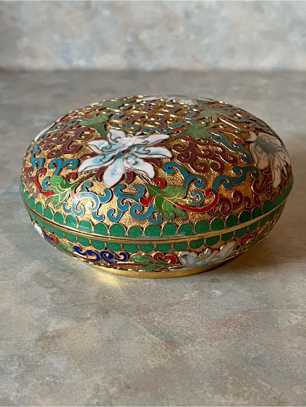 Decorative Cloisonné Trinket Box in Green and Gold